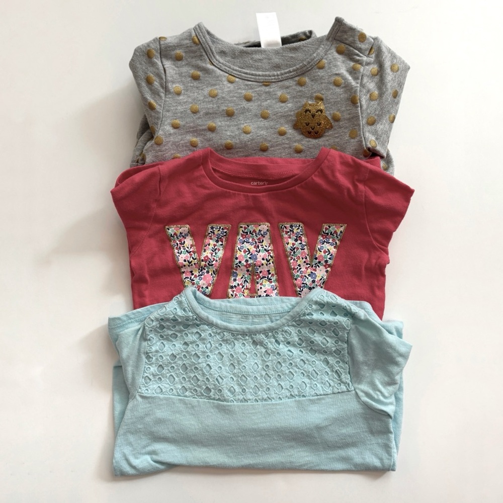 Carter's Pink 'YAY' Floral Appliqué Tee with Gray & Mint Layered Tops